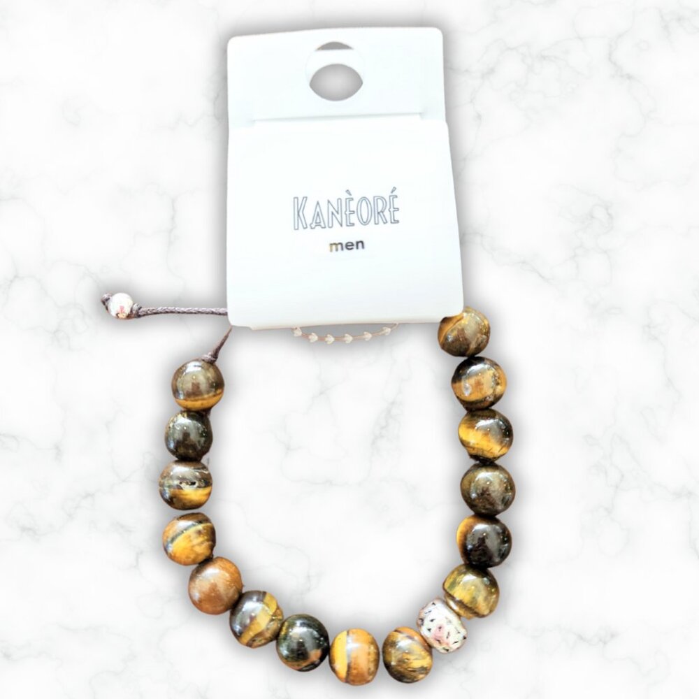 NWT Kanèoré Men's Tiger's Eye Thick Beaded Drawstring Bracelet w/ Silver Bead